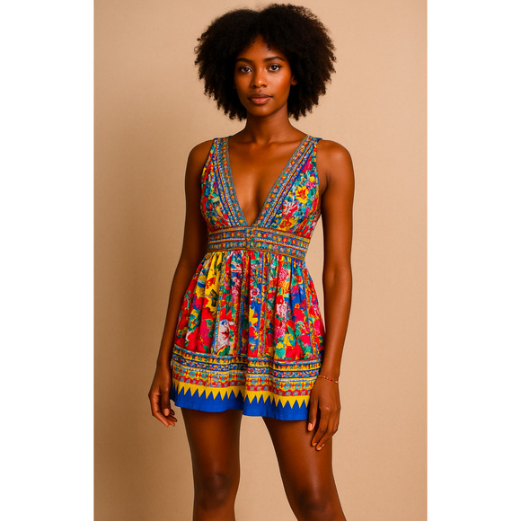 Camilla Deep V Mini Dress Festival Floral Print Beaded Resortwear Size Medium 2 - Picture 1 of 6